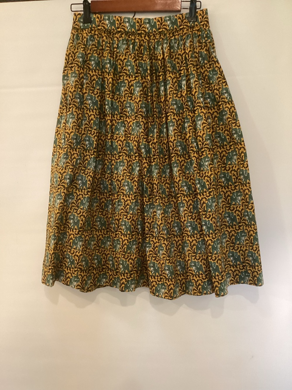 J. Crew Printed A-Line Midi Skirt in Mustard and Teal with Elephants